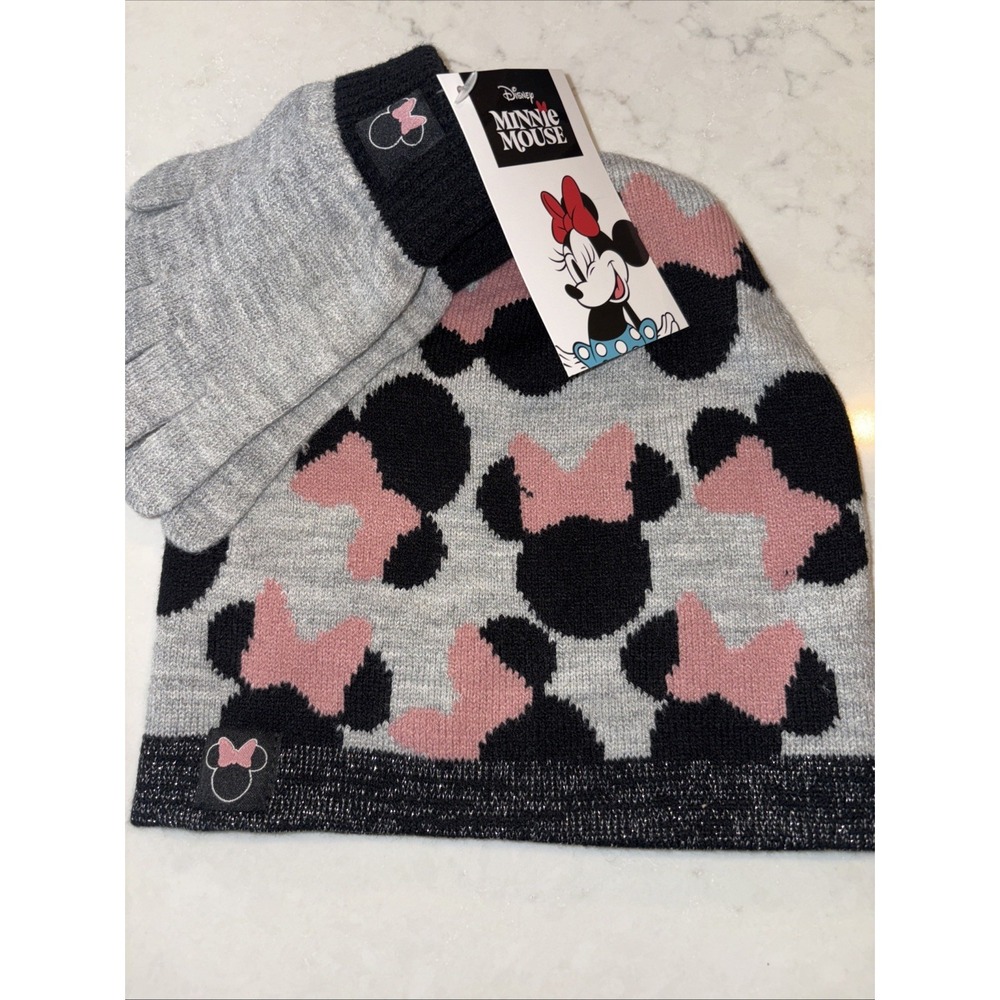 Disney Minnie Beanie & Gloves Set Kids Knit Winter Hat Cozy Warm Glitter Bow